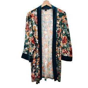 Always Indigo Boho Velvet Burnout Floral Sheer Open Front Kimono 2X